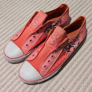 Ed Hardy Pink Sneaker Tennis Shoes Women's 9 Cat Rhinestone Jewel No Laces USED